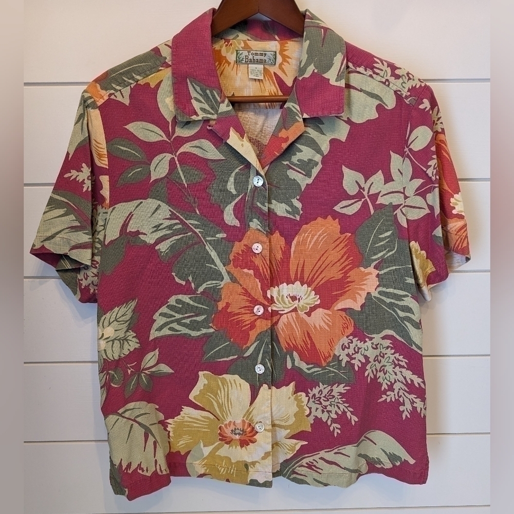 Vintage Tommy Bahama Floral Silk Hawaiian Shirt Women's Small Red